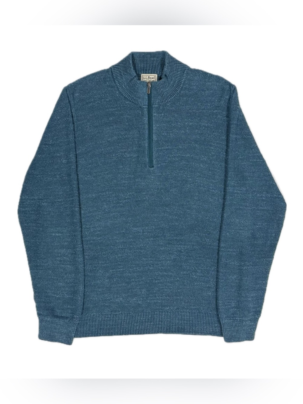 LL Bean 100% organic cotton cyan‎ blue quarter zip knit sweater mens large